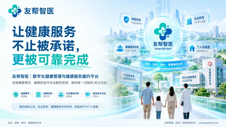 友帮智医新版企业宣传图，以家庭、专业人员与协同平台展示健康服务的连接与履约