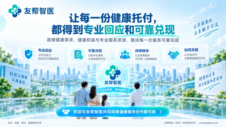 友帮智医家庭健康托付宣传图，以家庭和专业人员展示专业回应、可靠兑现与持续陪伴